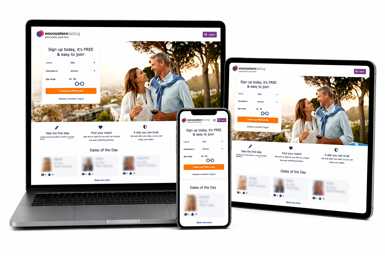 Dating platform shown across laptop, tablet and phone